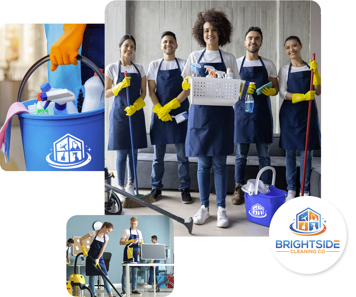 Brightside Cleaning team with supplies and logo